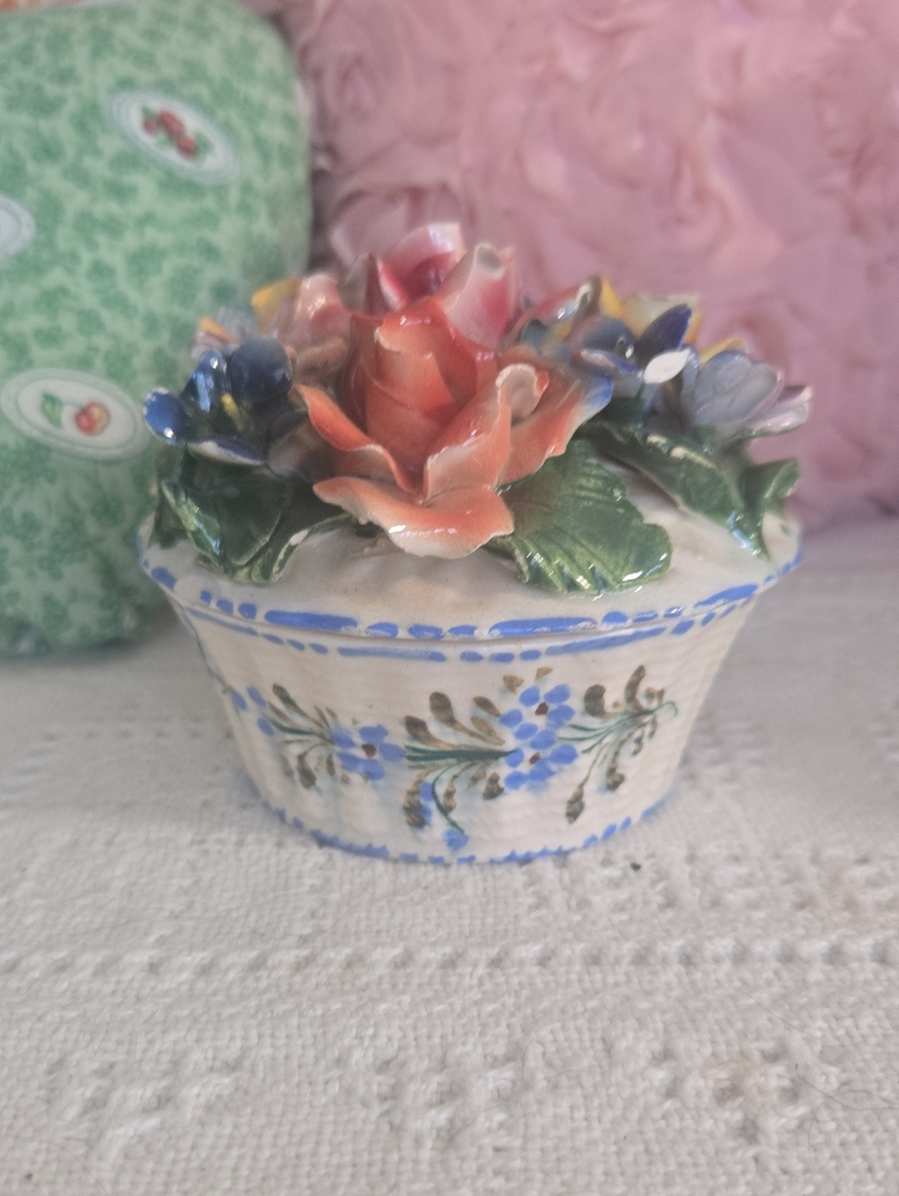 Hand-Painted Floral Porcelain Trinket Box with Pink & Blue Flowers